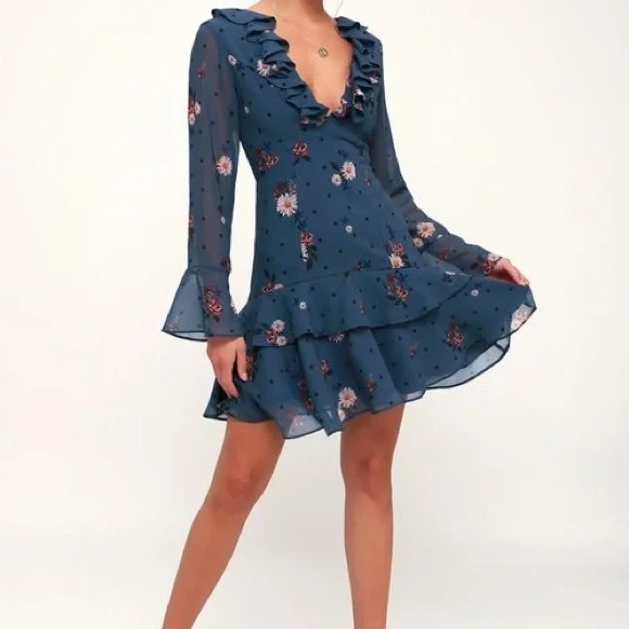 Keepsake The Label Dresses | Run Free Dark Slate Blue Floral Print Ruffled Long Sleeve Dress: Lulus | Color: Blue | Size: Xxs | Yeagerc4's Closet